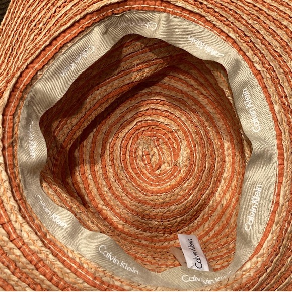 Calvin Klein Orange Brown Floppy Straw summer sun pool women’s hat - Picture 6 of 6